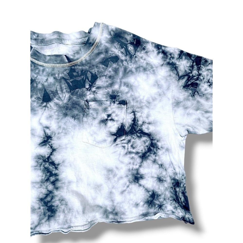 American Eagle Tie Dye Crop Top Womens Medium Blue Gray Pocket Tee Shirt Stylish